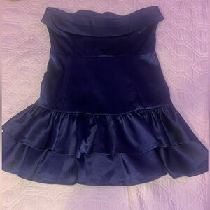 STORIES OF STYLE STRAPLESS SATIN MINI DRESS NAVY